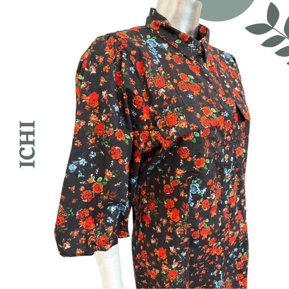 ICHI IHKalo Floral Puff Sleeve Shirt Dress - Black Red Orange Size 38 (US 6 ) - Picture 4 of 6